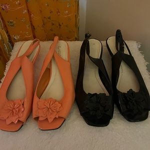two pairs of open toe wedge sandals